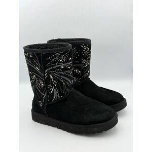 UGG Classic Short Gold Burst Boots Womens 5 Black Suede Shearling Embroidered